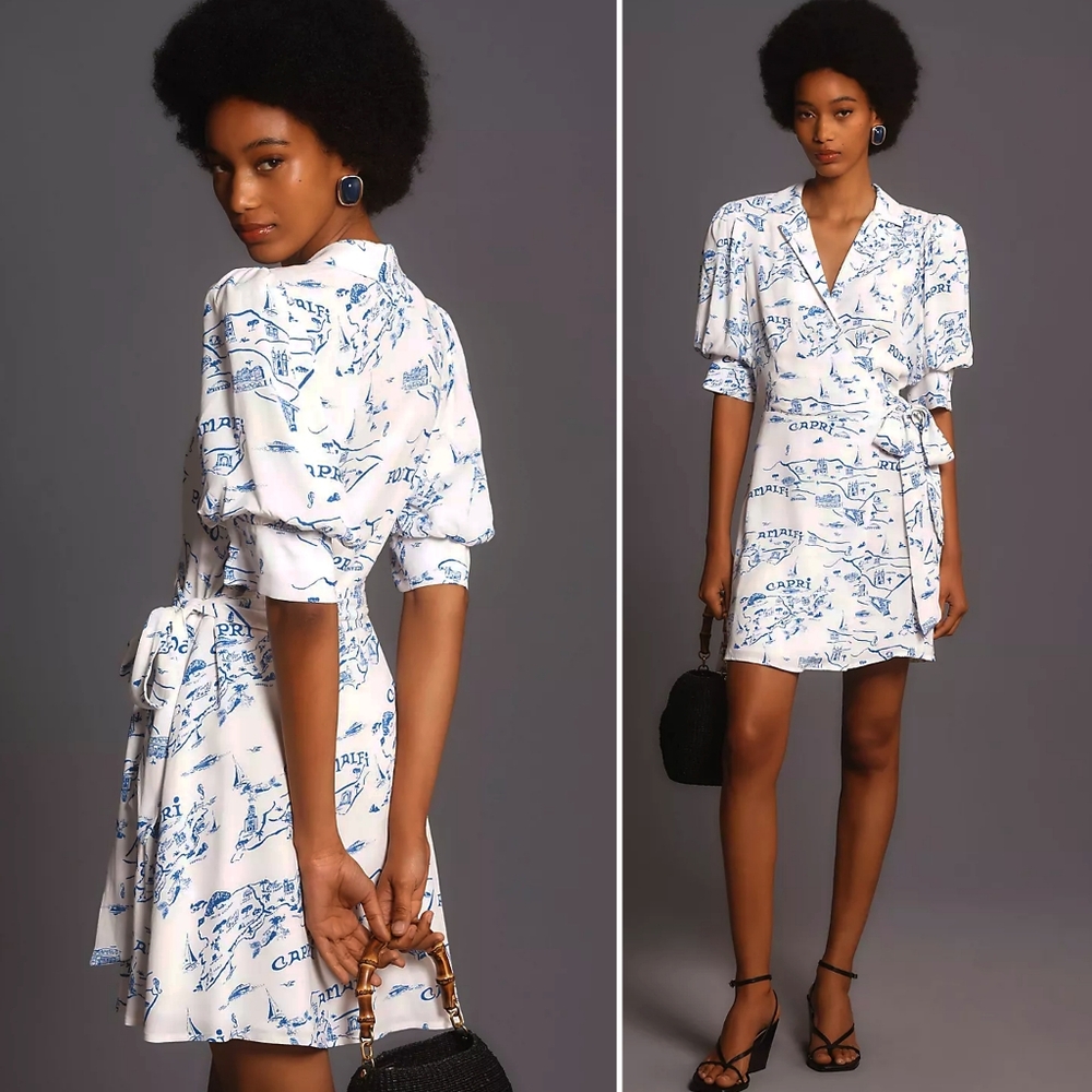 ANTHROPOLOGIE, Maeve Capri Short-Sleeve Collared Printed Wrap Mini Dress